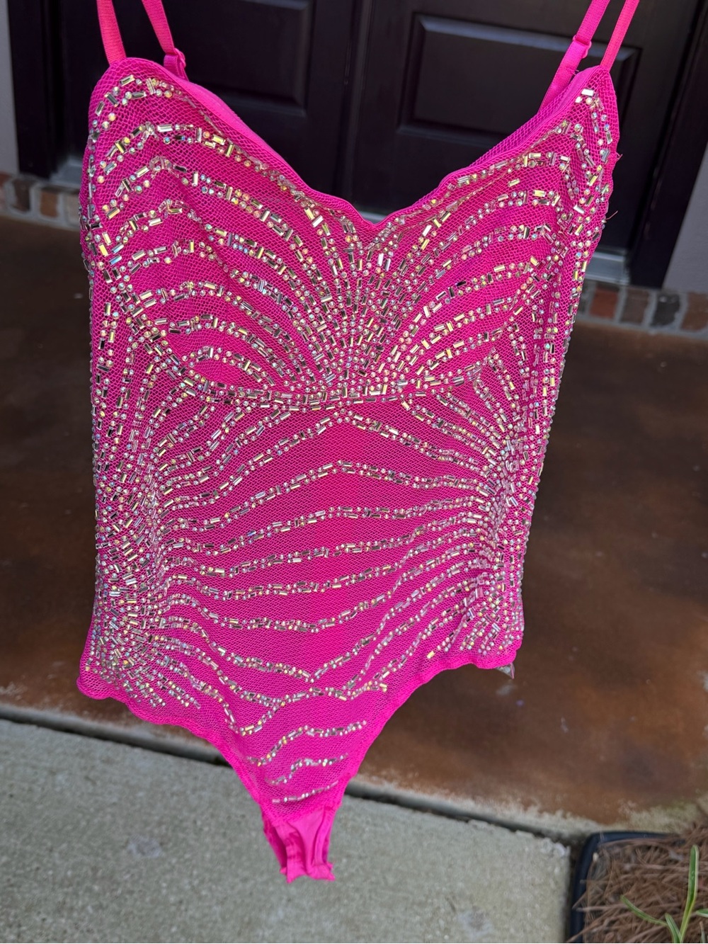Banjul Hot Pink Rhinestone Crystal Beaded Mesh Bodysuit L